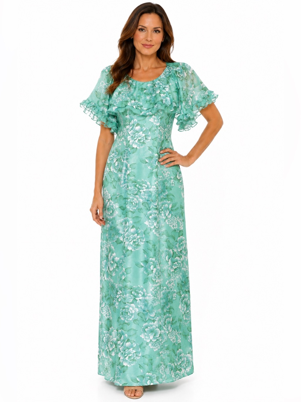 1970s Floral Maxi Dress: Blue Ruffle Neckline, handmade w matching shawl